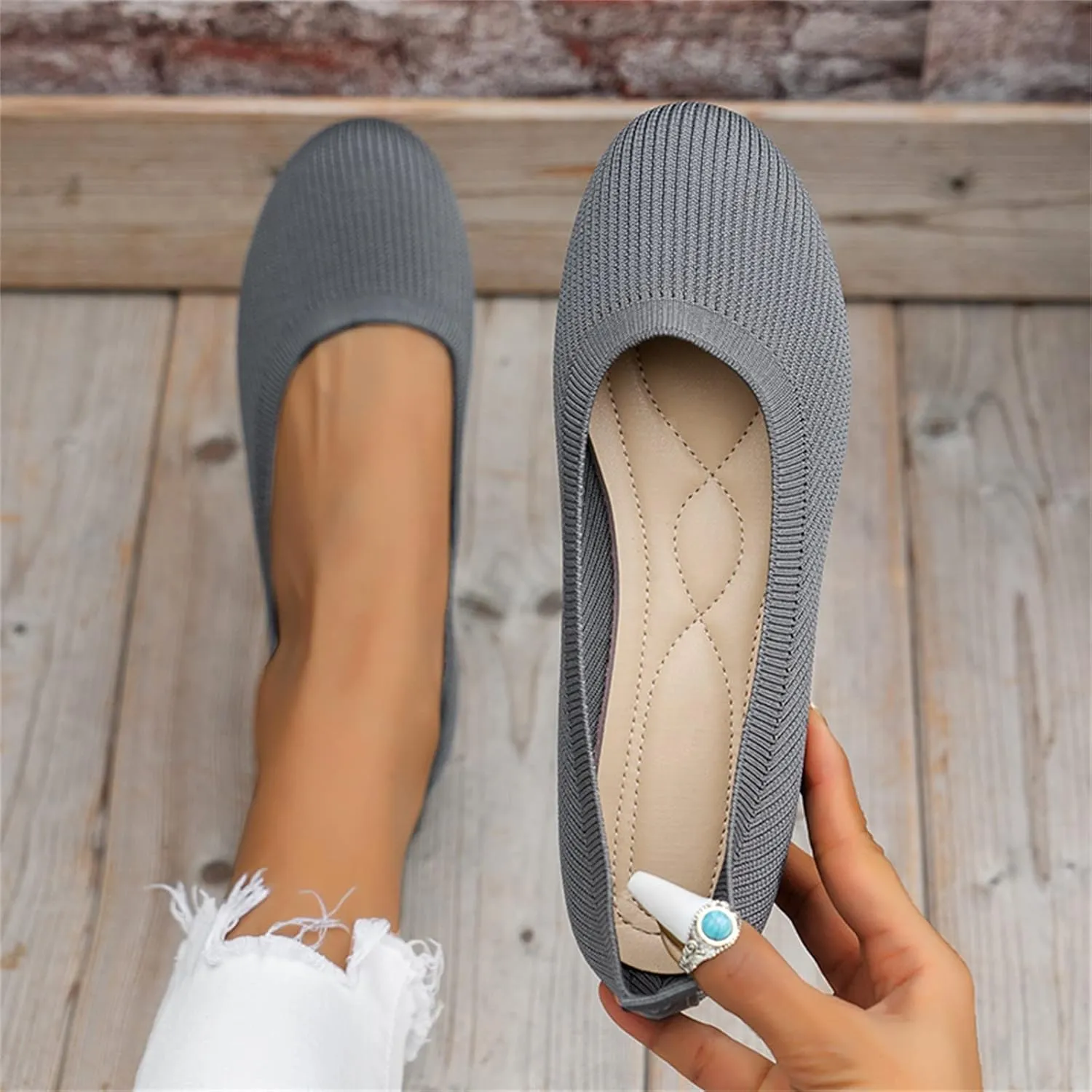 Ladies Fashion Solid Color Breathable Knitting Round Head Flat Comfortable Casual Single Shoes Sandals for Women