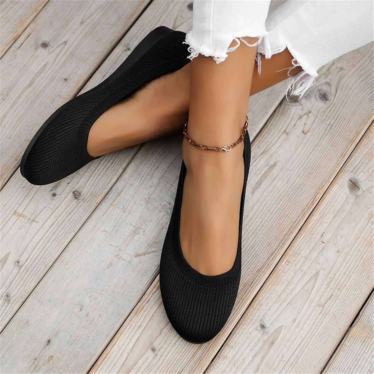 Ladies Fashion Solid Color Breathable Knitting Round Head Flat Comfortable Casual Single Shoes Sandals for Women