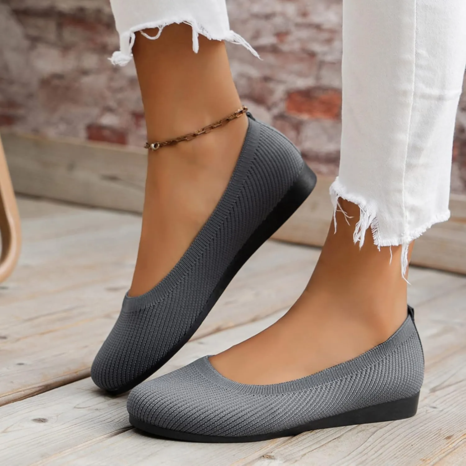 Ladies Fashion Solid Color Breathable Knitting Round Head Flat Comfortable Casual Single Shoes Sandals for Women
