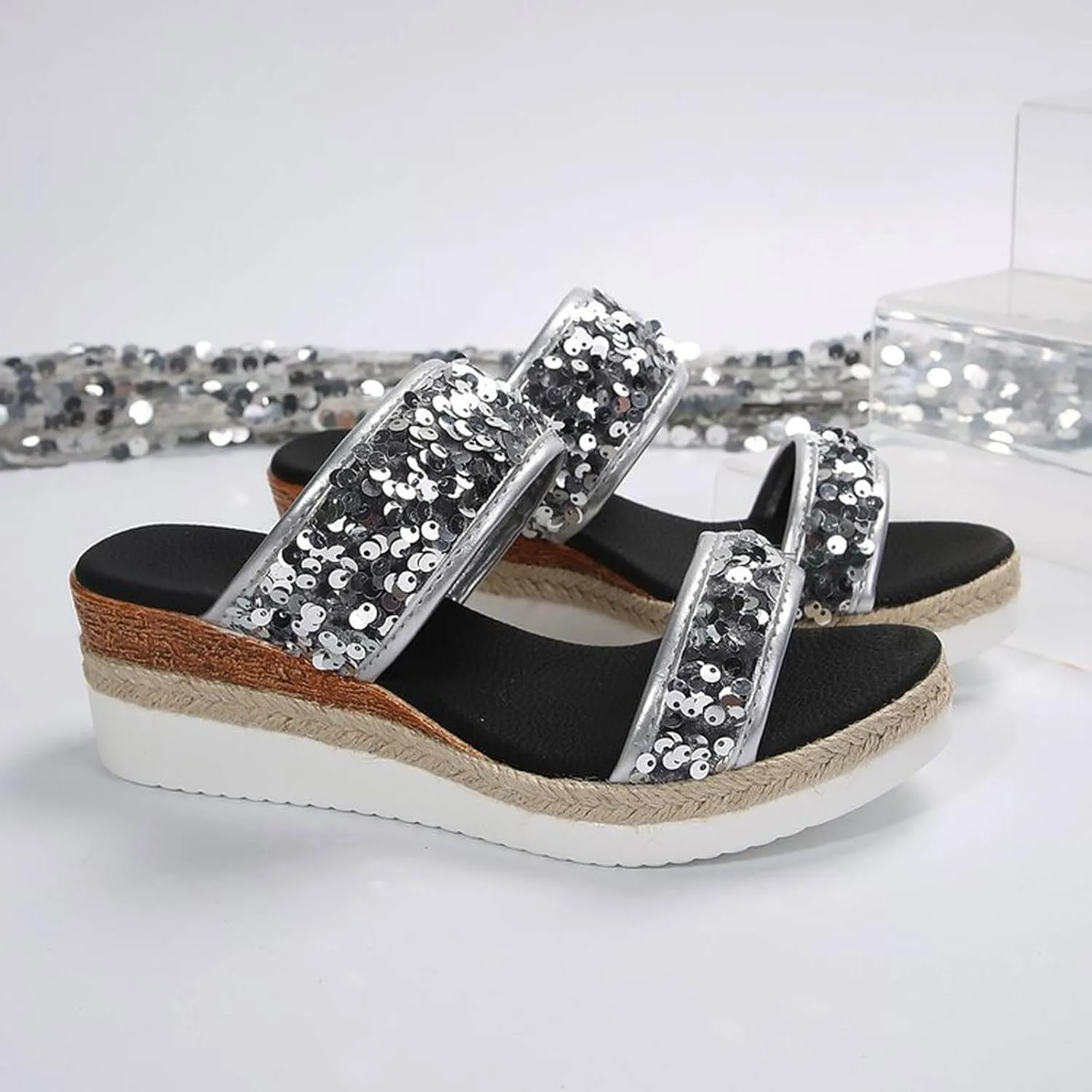 Large Size Sequined Wedge Heel Fashion Sandals New Summer Women's Slippers One Word Wedge Espadrille Sandals for Women