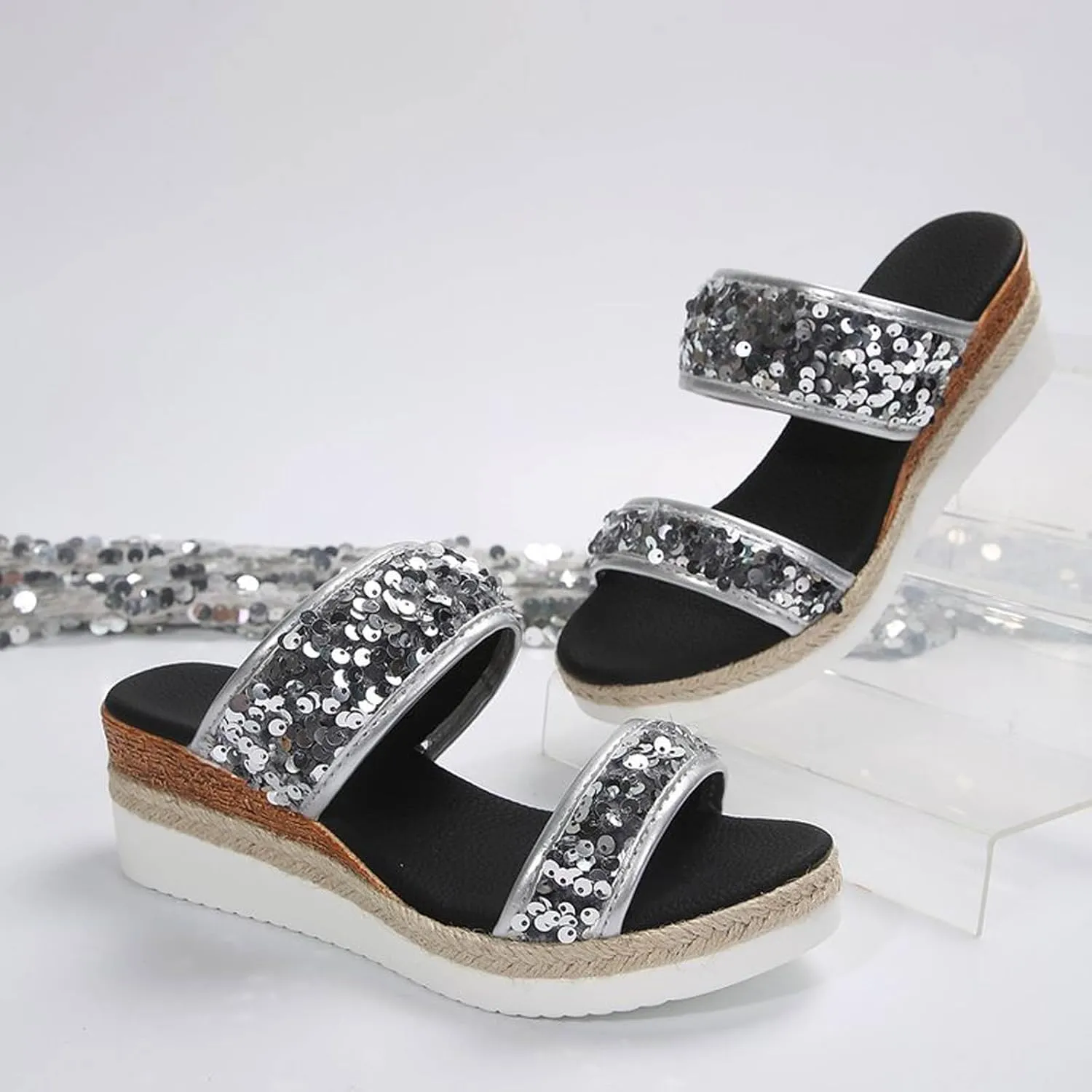 Large Size Sequined Wedge Heel Fashion Sandals New Summer Women's Slippers One Word Wedge Espadrille Sandals for Women