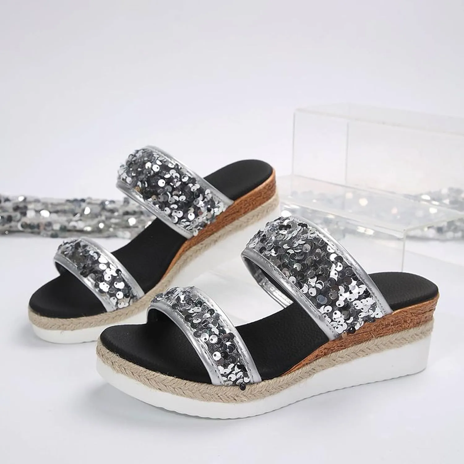 Large Size Sequined Wedge Heel Fashion Sandals New Summer Women's Slippers One Word Wedge Espadrille Sandals for Women