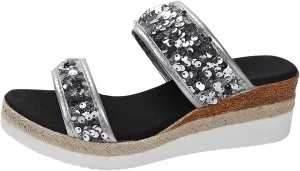 Large Size Sequined Wedge Heel Fashion Sandals New Summer Women's Slippers One Word Wedge Espadrille Sandals for Women