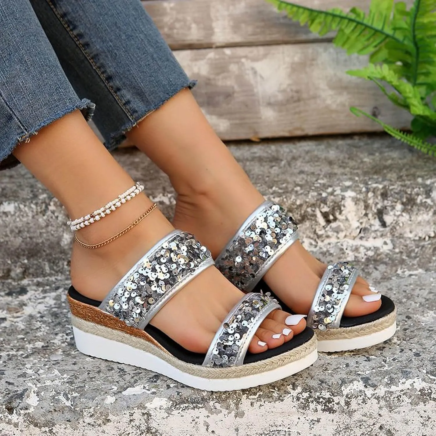 Large Size Sequined Wedge Heel Fashion Sandals New Summer Women's Slippers One Word Wedge Espadrille Sandals for Women