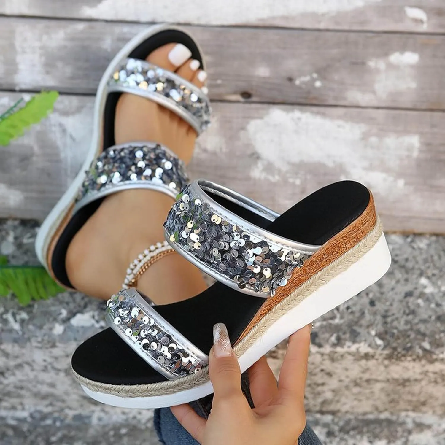 Large Size Sequined Wedge Heel Fashion Sandals New Summer Women's Slippers One Word Wedge Espadrille Sandals for Women