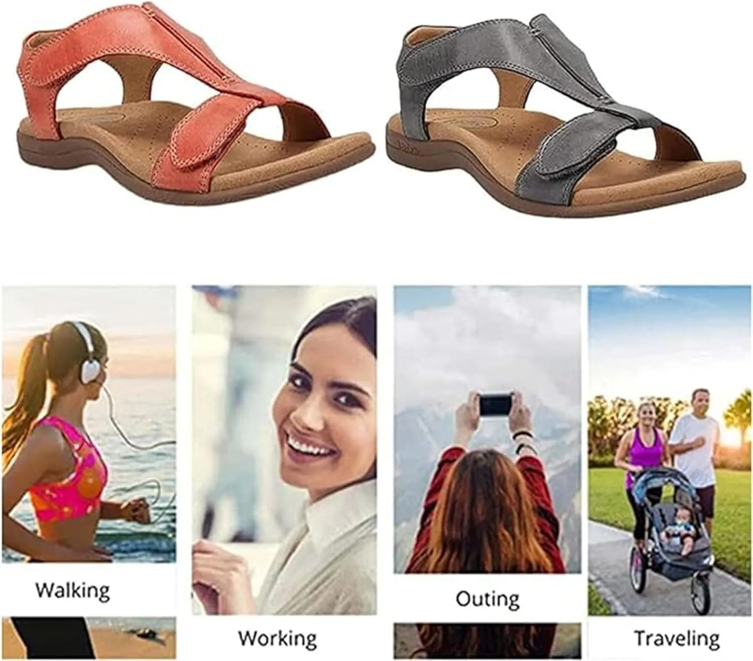 Leather Women's Sandal Platform Wedge Sandal Comfort Arch Support Cooling Gel Padding and an Adjustable Fit Walking Comfort Sandals,Black,US5/EU36