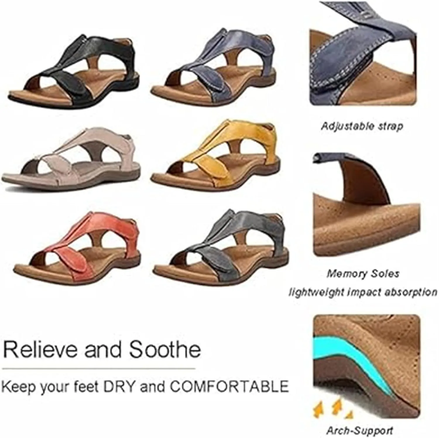 Leather Women's Sandal Platform Wedge Sandal Comfort Arch Support Cooling Gel Padding and an Adjustable Fit Walking Comfort Sandals,Black,US5/EU36