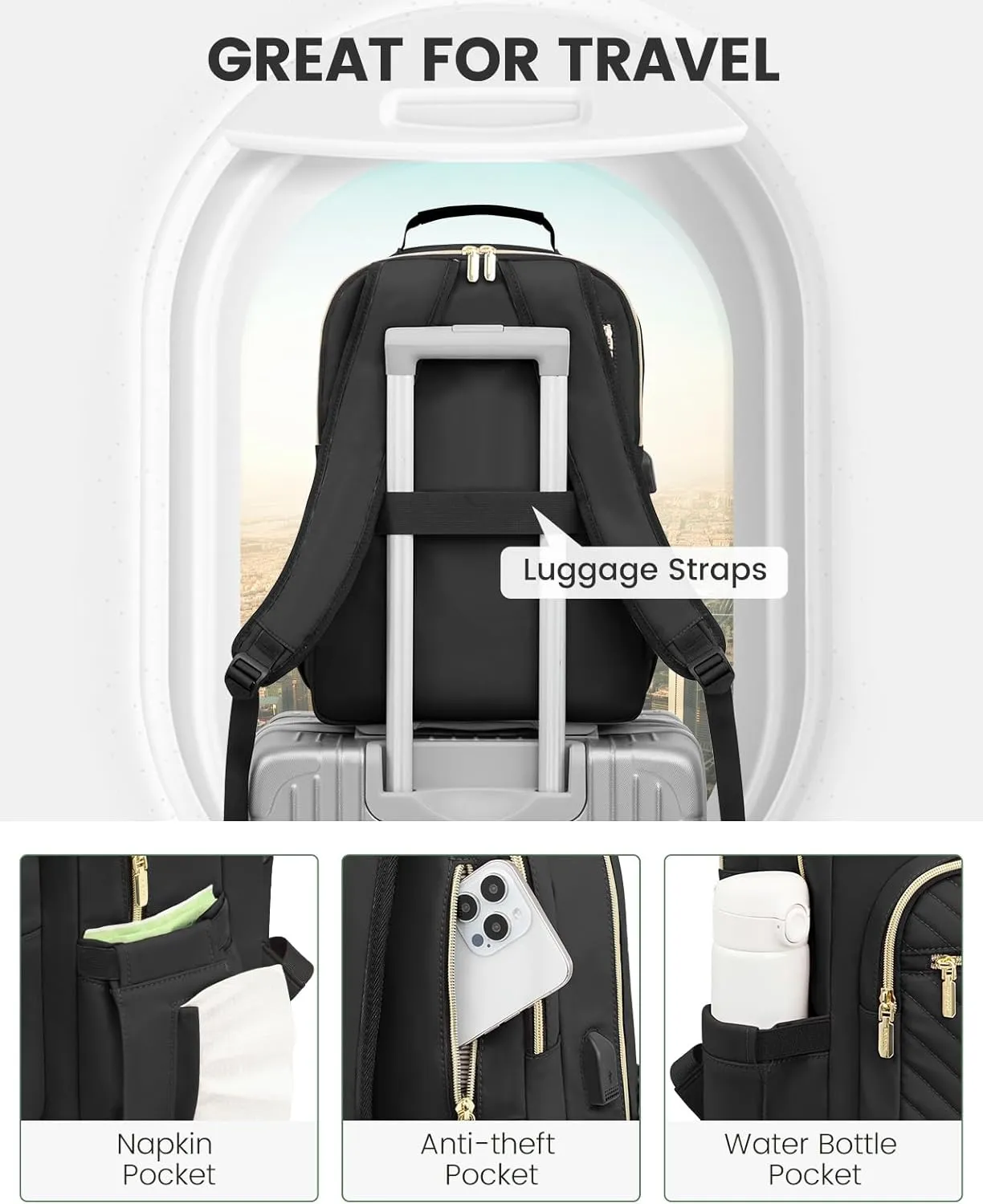 LOVEVOOK Laptop Backpack Purse for Women, Work Travel Computer Bags, College School Backpack for Student Girl, Quilted Casual Daypack with USB Port, Fit 15.6 Inch Laptop, Black