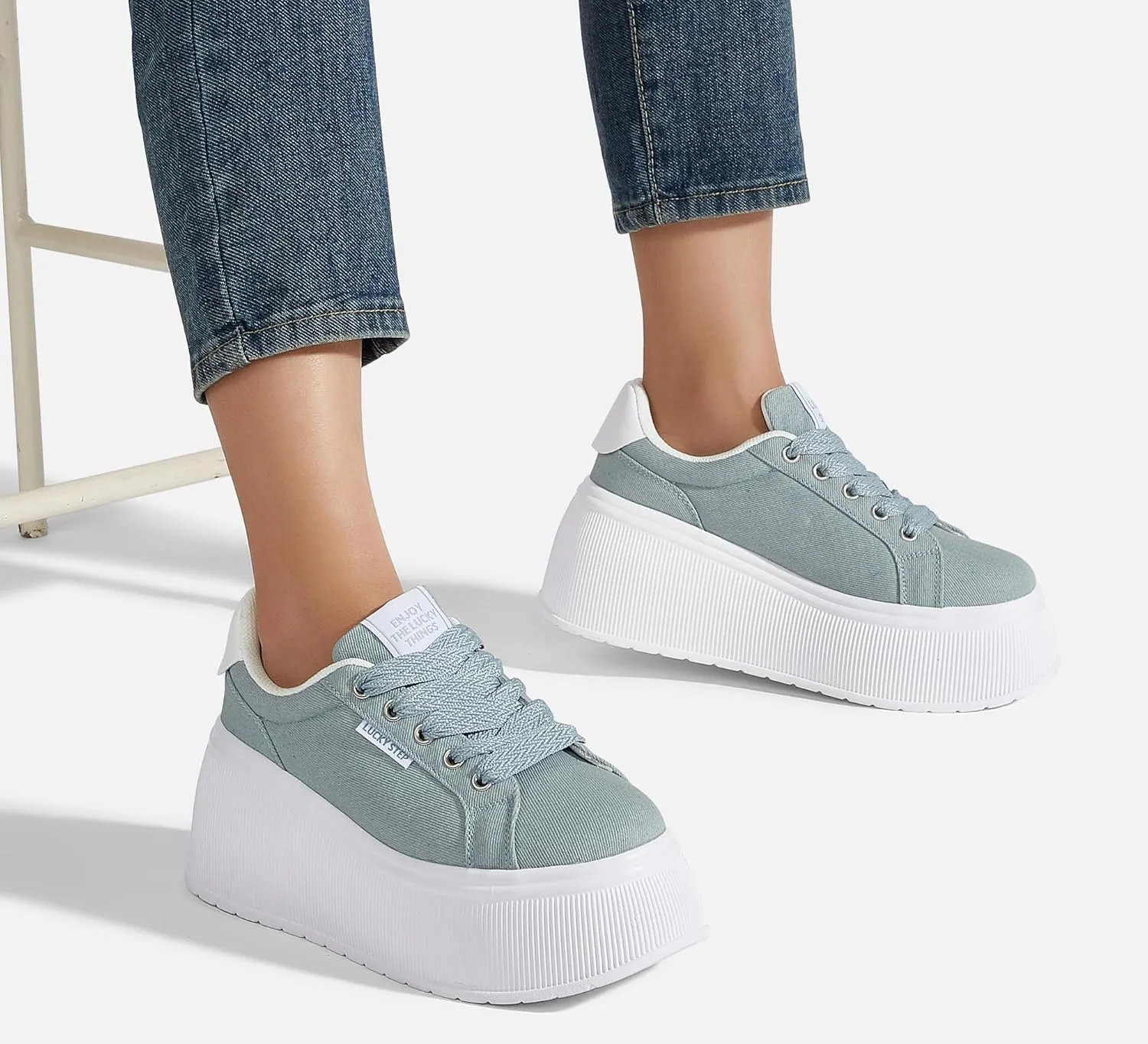 LUCKY STEP Women's Platform Fashion Sneakers Classic Wedge Canvas Casual Low Top Retro Walking Shoes