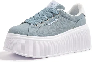 LUCKY STEP Women's Platform Fashion Sneakers Classic Wedge Canvas Casual Low Top Retro Walking Shoes