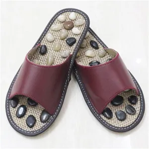Massage Slippers For Men,Women Unisex Washable Cotton Open-Toe Home Slippers Indoor Shoes Casual Flax Soft Non-Slip Sole Shoes With Natural Cobblestone Stones ( Color : Burgundy color , Size : EUR42 )