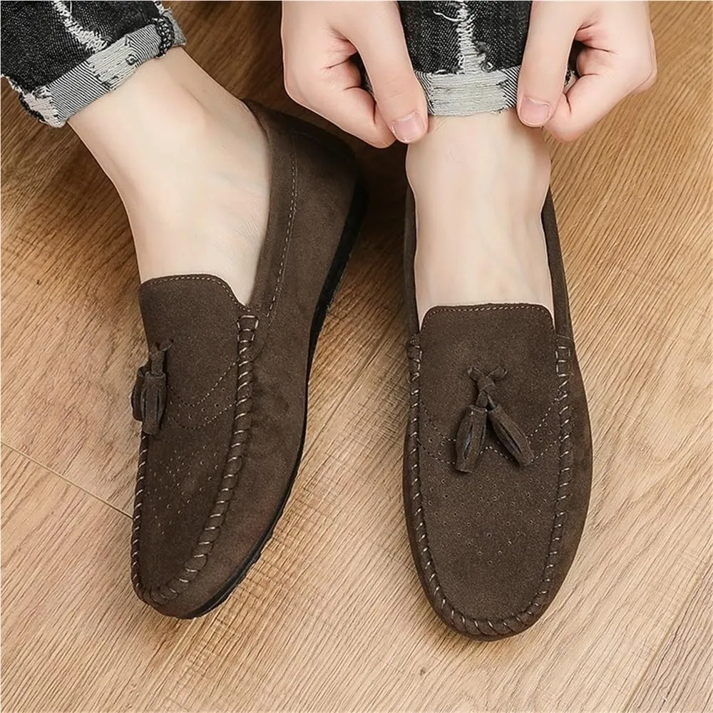 Men Moccasins Shoe Suede Vamp Vintage Business Round Toe Anti-Slip Rubber Sole Slip Resistant Block Heel Tuxedo Slip On