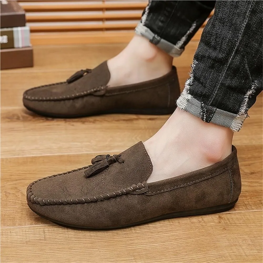 Men Moccasins Shoe Suede Vamp Vintage Business Round Toe Anti-Slip Rubber Sole Slip Resistant Block Heel Tuxedo Slip On