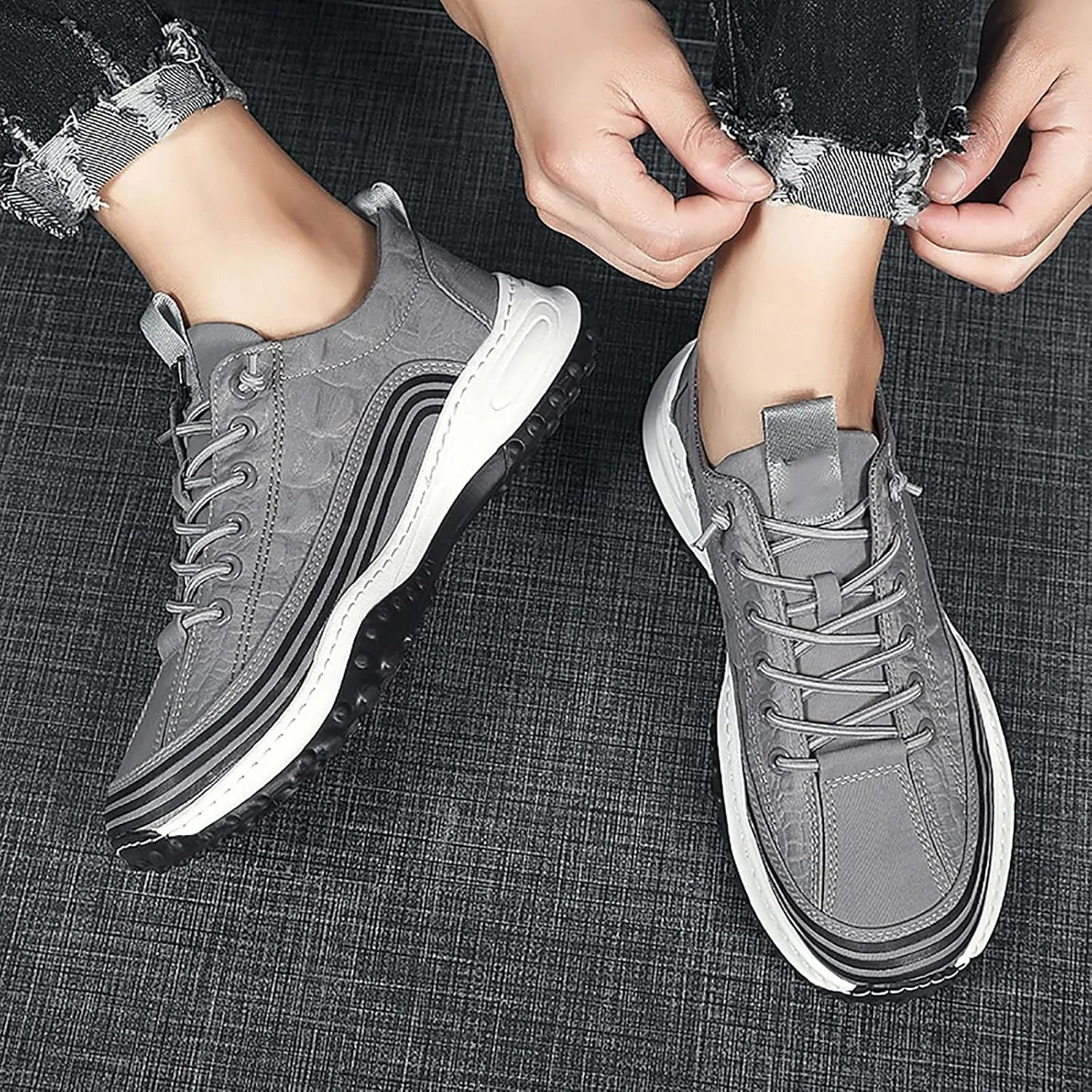 Men's 3D Pattern Soft Height Lifting Canvas Sneakers,Fashion Round Head Air Cushion Elastic Non-Slip Casual Lace-Up Running Sneaker