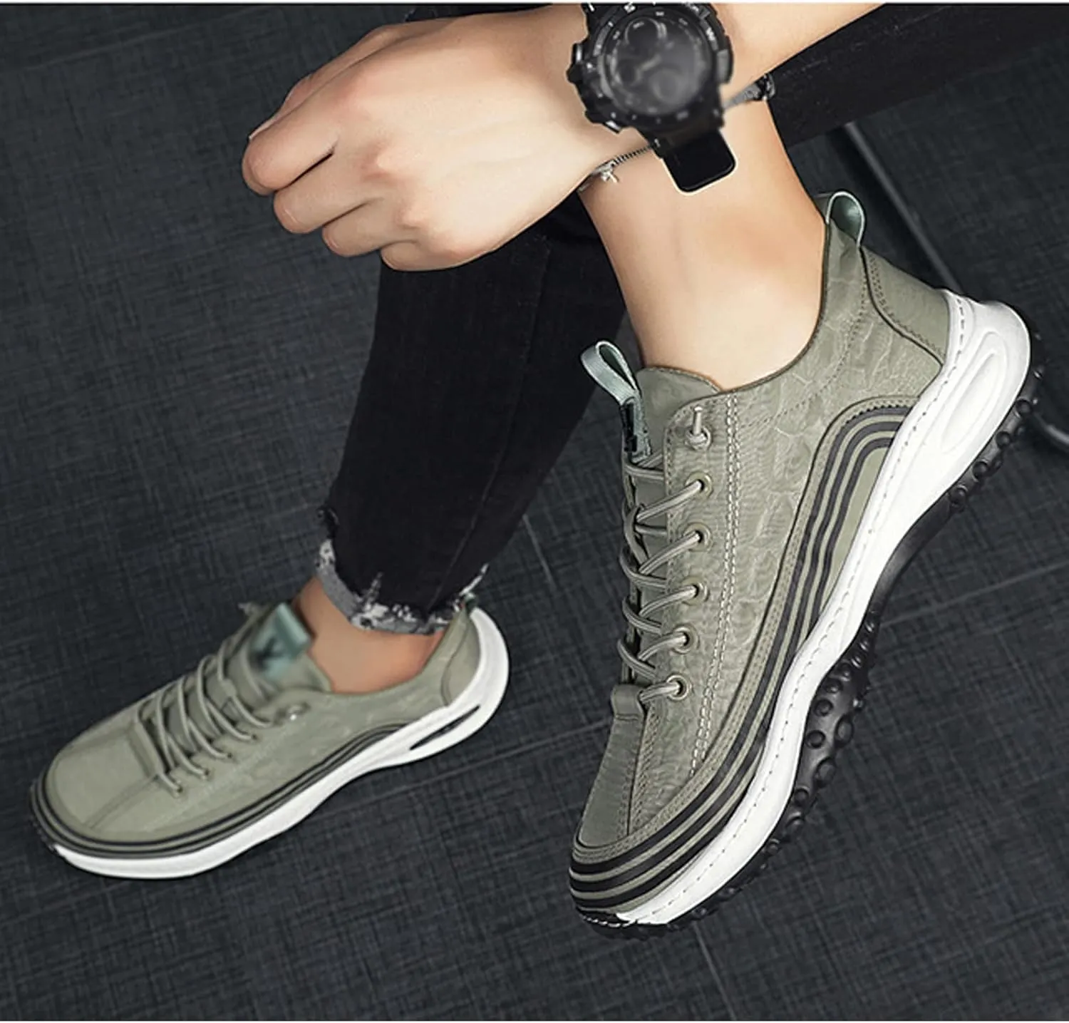 Men's 3D Pattern Soft Height Lifting Canvas Sneakers,Fashion Round Head Air Cushion Elastic Non-Slip Casual Lace-Up Running Sneaker