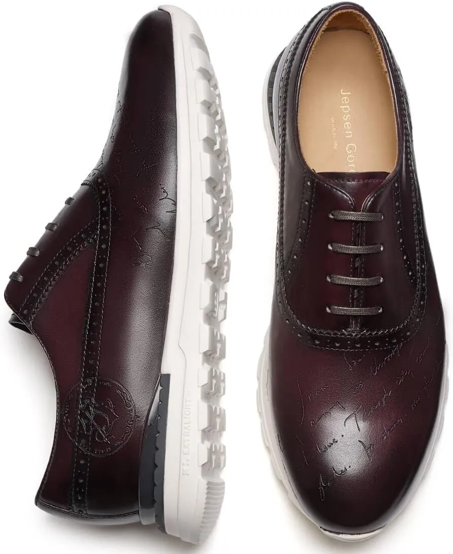 Men's Dress Sneakers Genuine Itailian Cowhide Leather Casual Shoes Brogue Running Oxfords with XL Extralight Sole