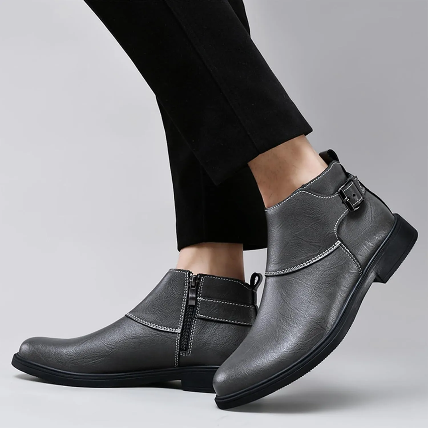Men's Genuine Leather Pointed Toe Dress Chelsea Boots Adjustable Buckle Inner Zipper Ankle Boots Casual Formal Business Booties