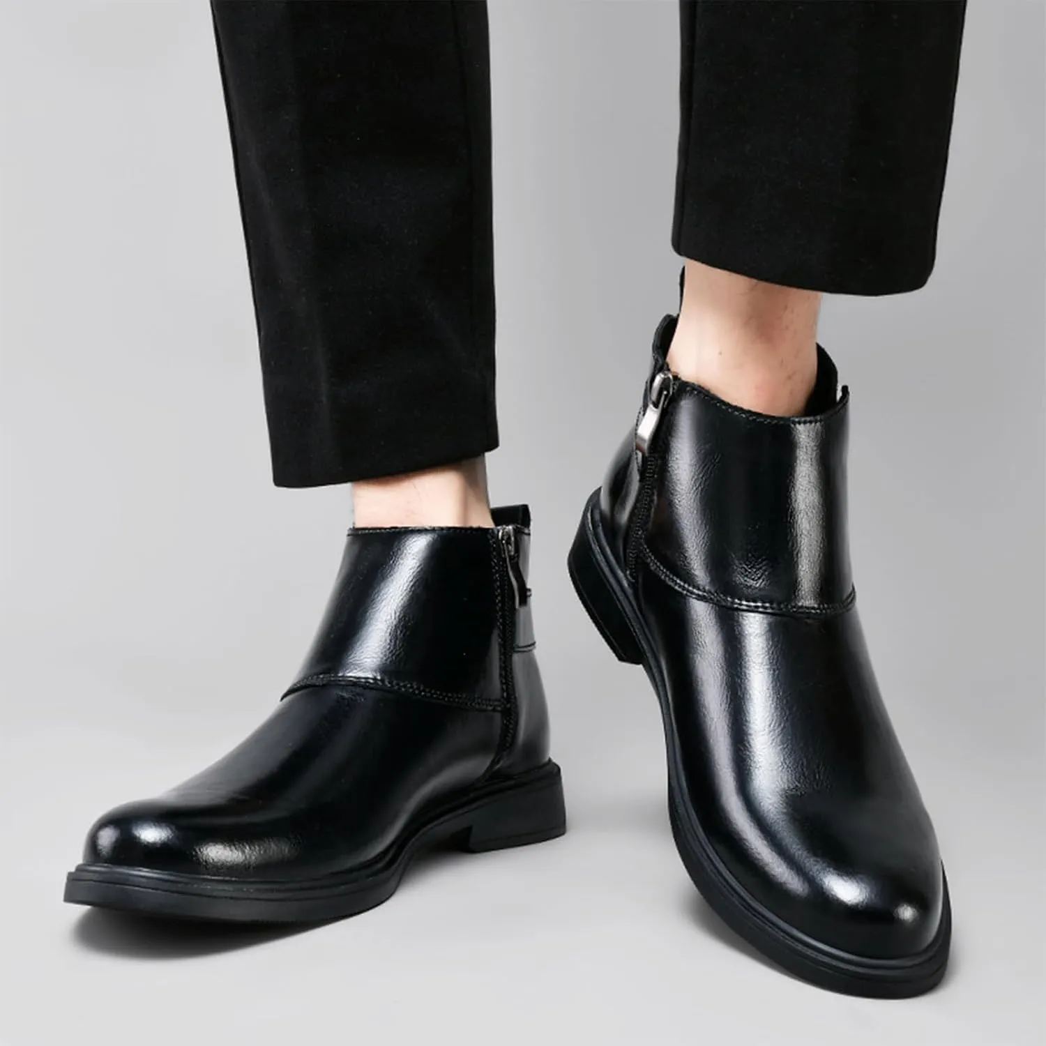 Men's Genuine Leather Pointed Toe Dress Chelsea Boots Adjustable Buckle Inner Zipper Ankle Boots Casual Formal Business Booties