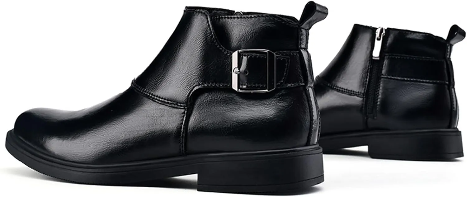Men's Genuine Leather Pointed Toe Dress Chelsea Boots Adjustable Buckle Inner Zipper Ankle Boots Casual Formal Business Booties