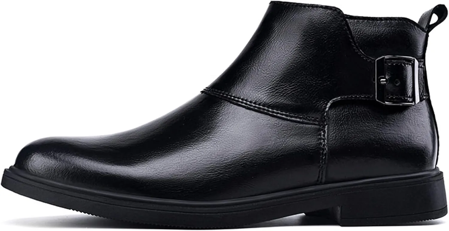 Men's Genuine Leather Pointed Toe Dress Chelsea Boots Adjustable Buckle Inner Zipper Ankle Boots Casual Formal Business Booties