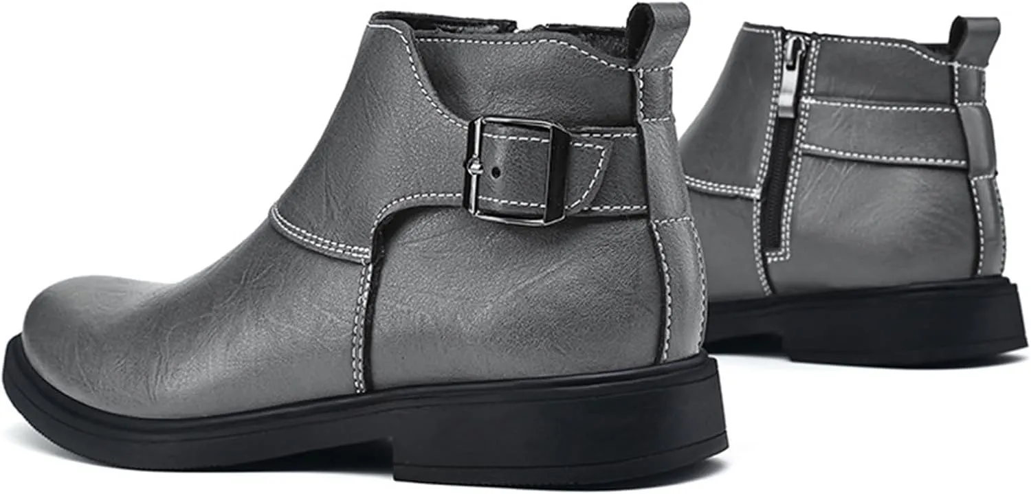 Men's Genuine Leather Pointed Toe Dress Chelsea Boots Adjustable Buckle Inner Zipper Ankle Boots Casual Formal Business Booties