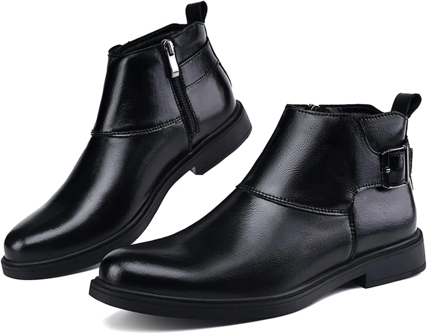 Men's Genuine Leather Pointed Toe Dress Chelsea Boots Adjustable Buckle Inner Zipper Ankle Boots Casual Formal Business Booties