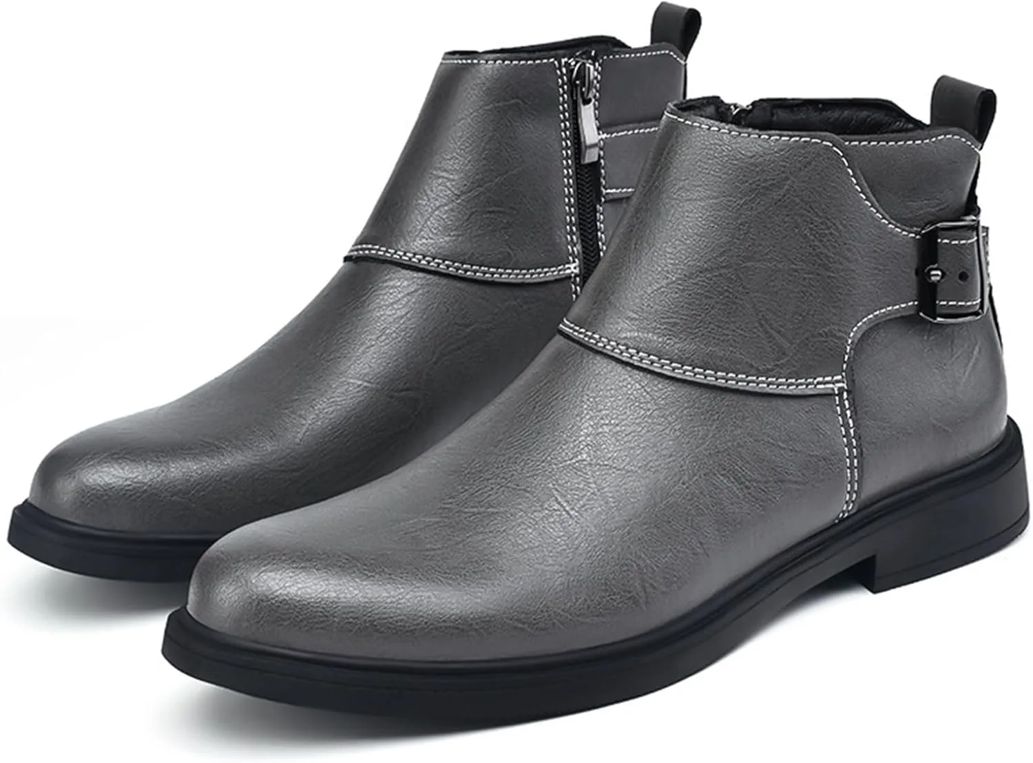 Men's Genuine Leather Pointed Toe Dress Chelsea Boots Adjustable Buckle Inner Zipper Ankle Boots Casual Formal Business Booties
