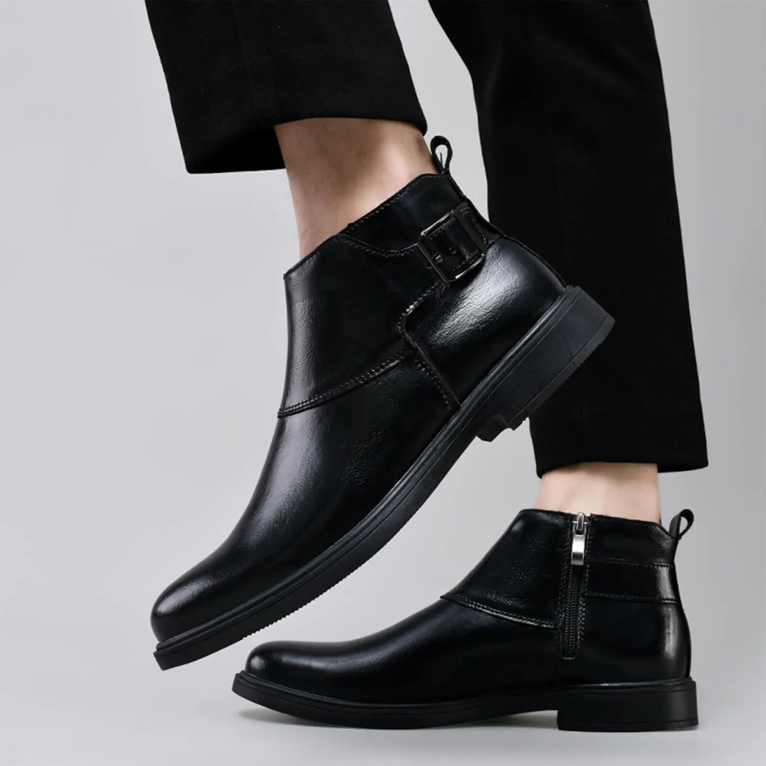 Men's Genuine Leather Pointed Toe Dress Chelsea Boots Adjustable Buckle Inner Zipper Ankle Boots Casual Formal Business Booties