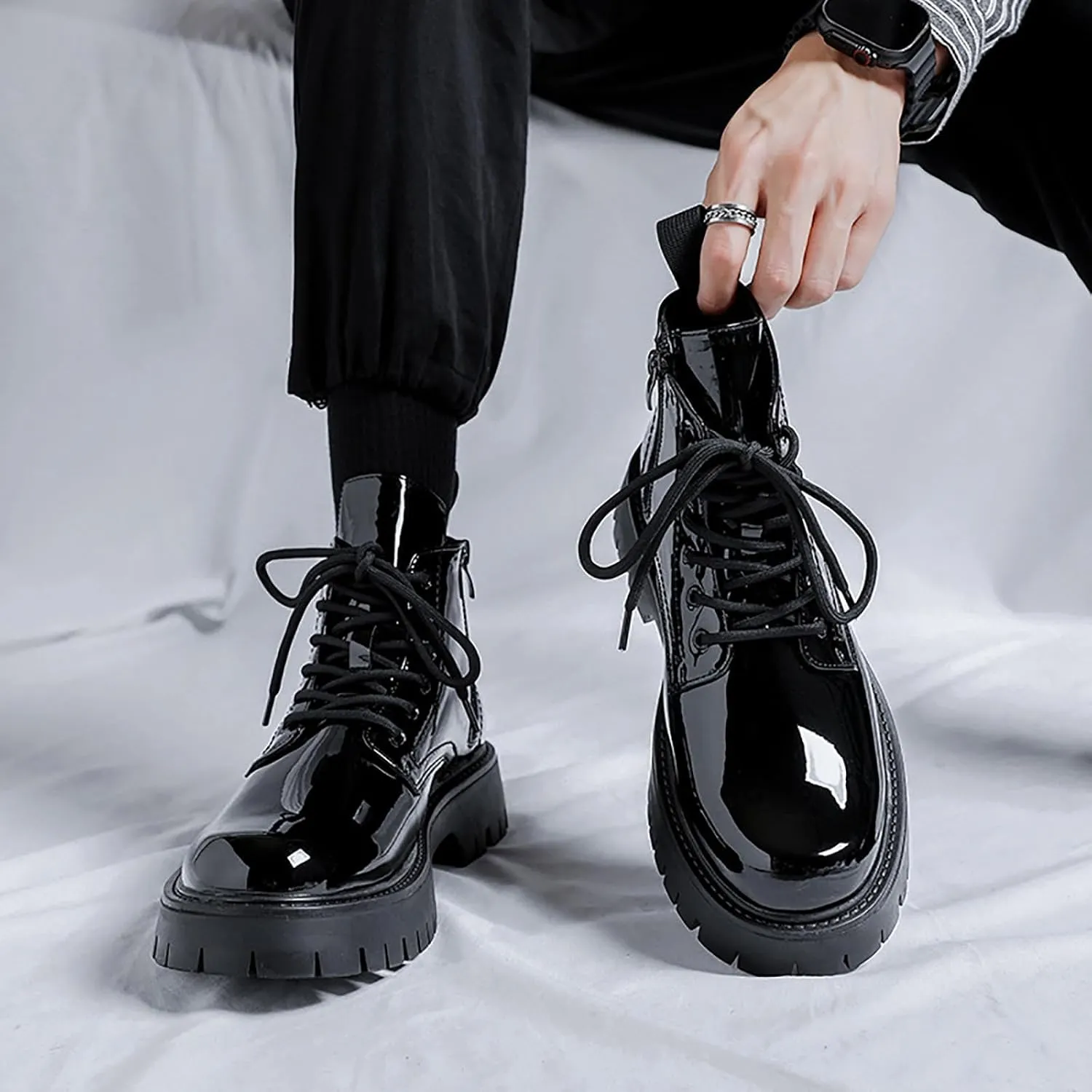 Men's Lace-Up Platform Lugs Sole Ankle Boots,Fashion Patent Leather Side Zip High Top Boots Comfort Outdoor Anti-Slip Four Seasons Booties