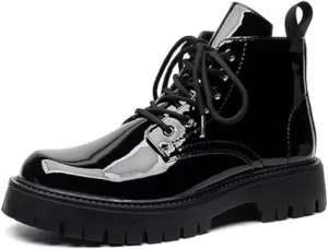 Men's Lace-Up Platform Lugs Sole Ankle Boots,Fashion Patent Leather Side Zip High Top Boots Comfort Outdoor Anti-Slip Four Seasons Booties