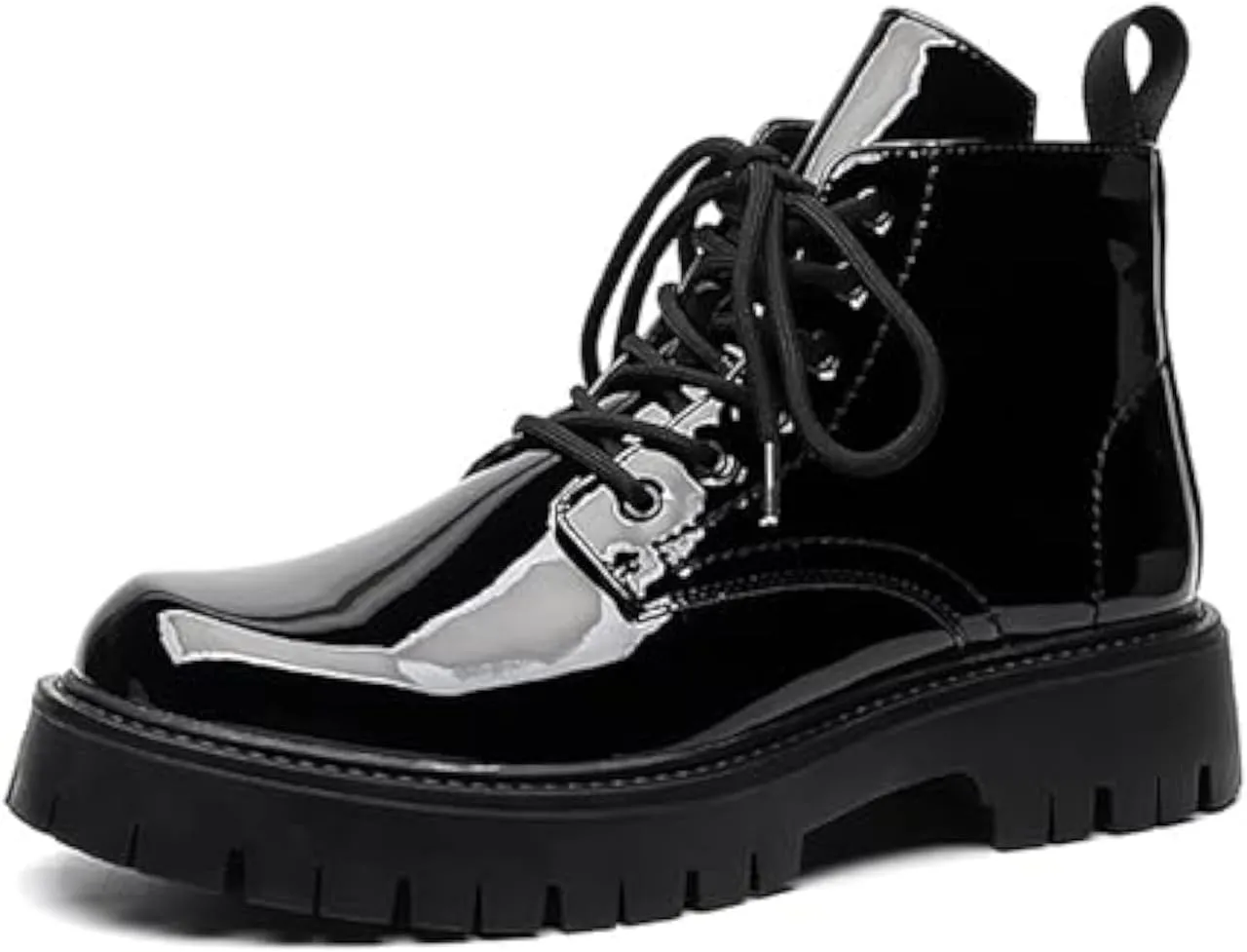 Men's Lace-Up Platform Lugs Sole Ankle Boots,Fashion Patent Leather Side Zip High Top Boots Comfort Outdoor Anti-Slip Four Seasons Booties