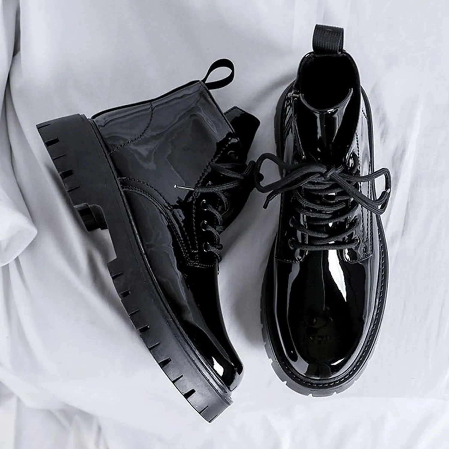 Men's Lace-Up Platform Lugs Sole Ankle Boots,Fashion Patent Leather Side Zip High Top Boots Comfort Outdoor Anti-Slip Four Seasons Booties