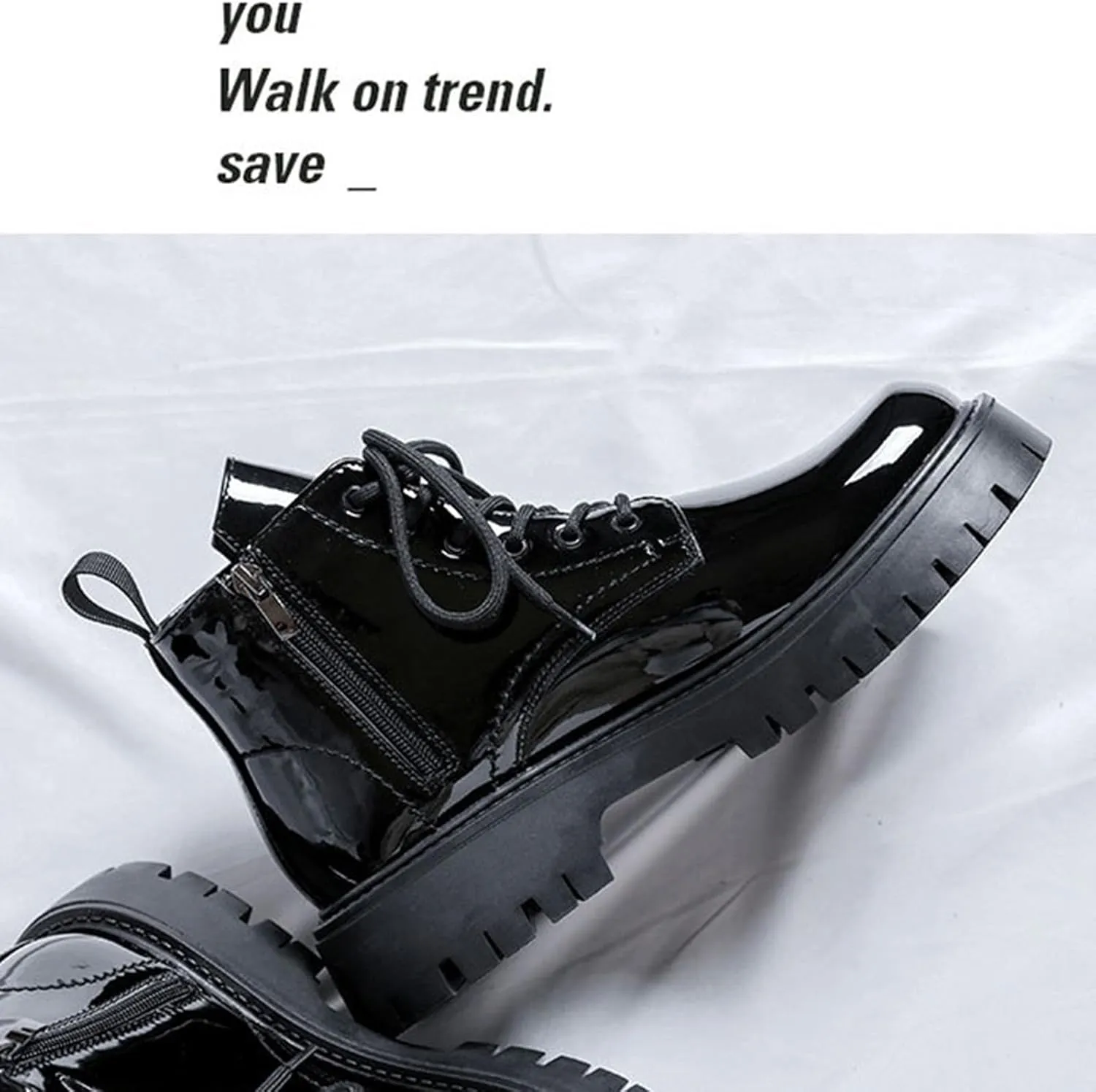 Men's Lace-Up Platform Lugs Sole Ankle Boots,Fashion Patent Leather Side Zip High Top Boots Comfort Outdoor Anti-Slip Four Seasons Booties
