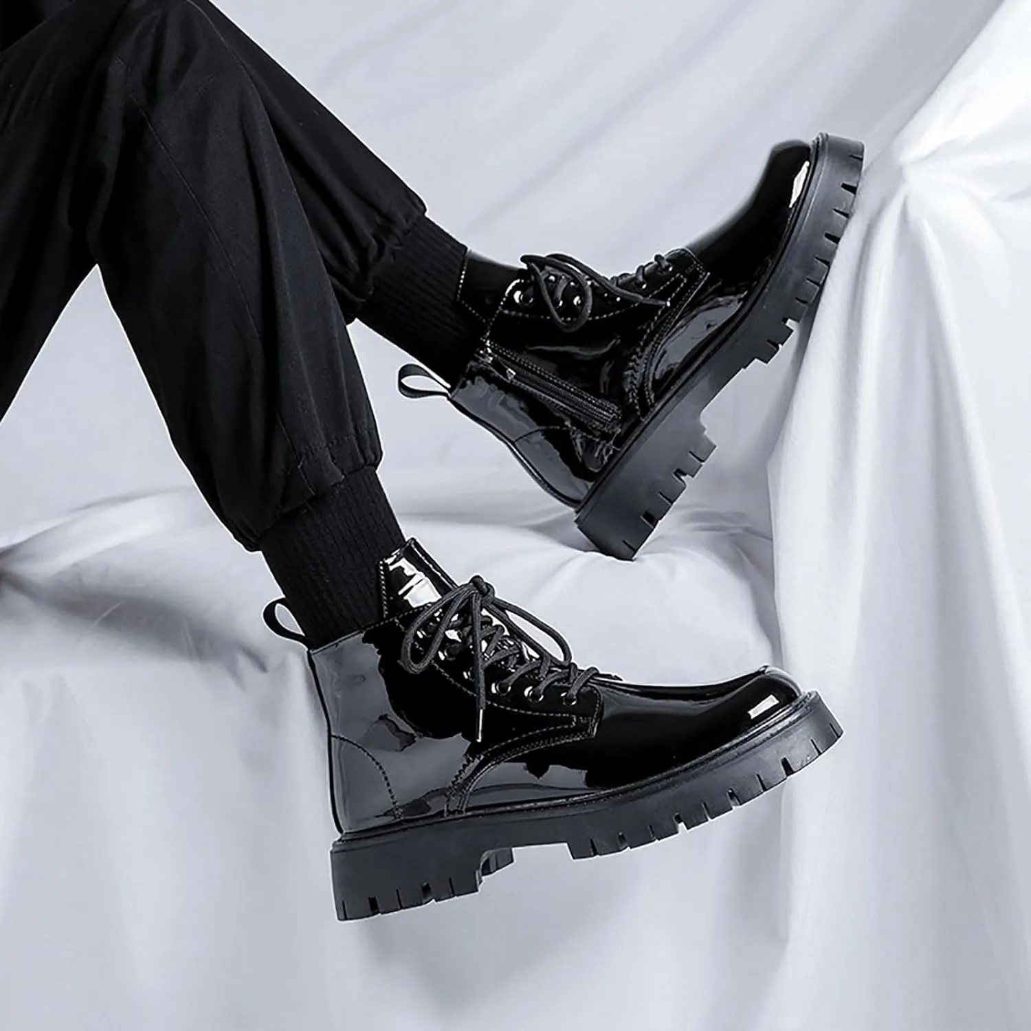 Men's Lace-Up Platform Lugs Sole Ankle Boots,Fashion Patent Leather Side Zip High Top Boots Comfort Outdoor Anti-Slip Four Seasons Booties