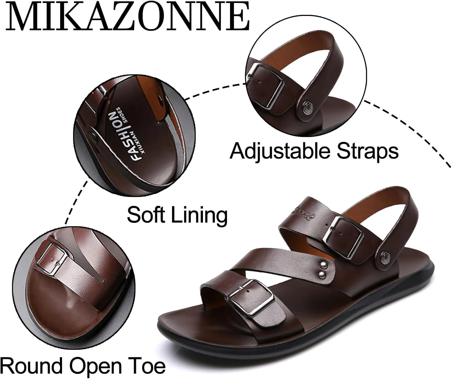 Men's Leather Slip-On Flat Beach Slides Sandals with Adjustable Dual use Ankle Straps Slip-On Fisherman Sandals Lightweight Non Slip Open Toe Casual Sandals