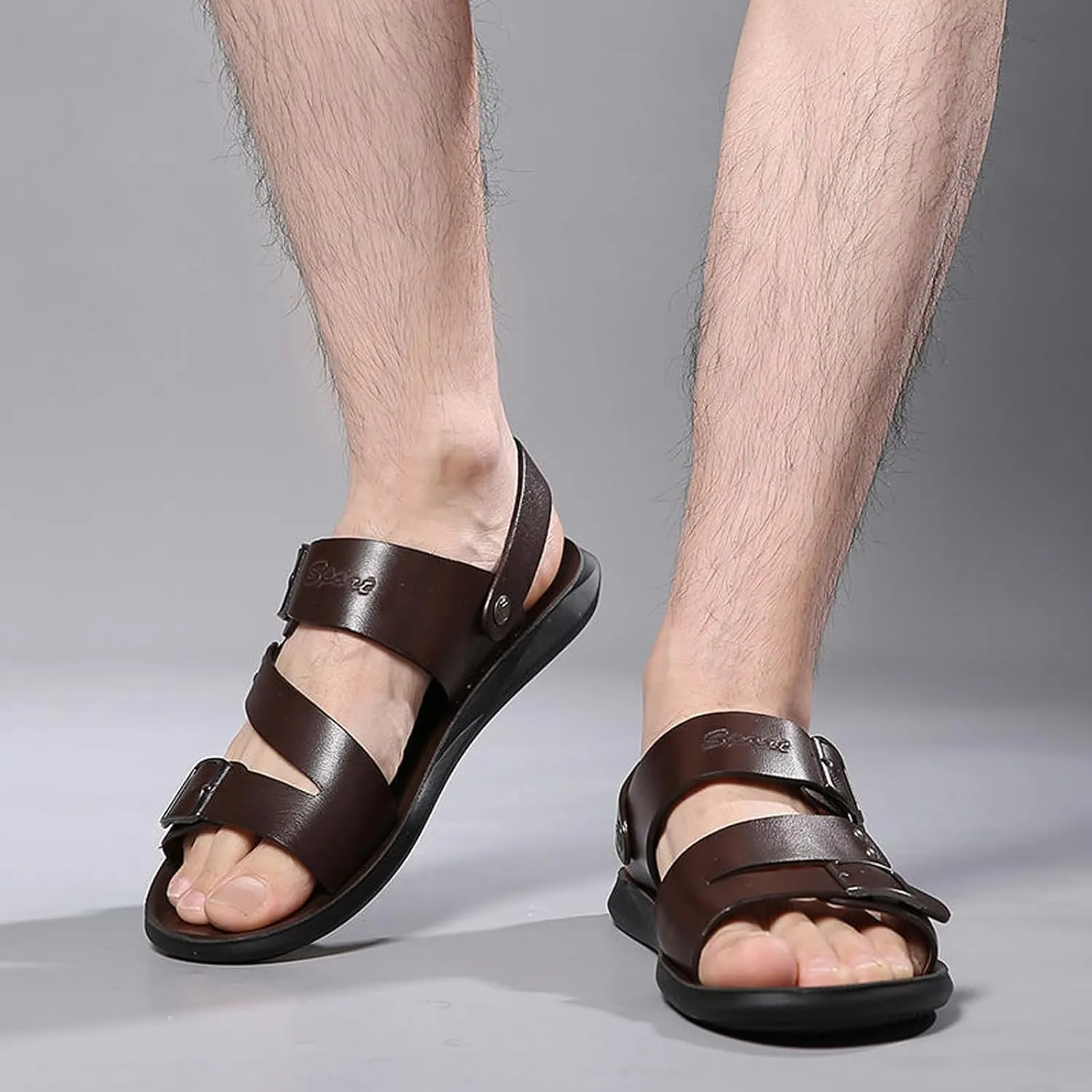 Men's Leather Slip-On Flat Beach Slides Sandals with Adjustable Dual use Ankle Straps Slip-On Fisherman Sandals Lightweight Non Slip Open Toe Casual Sandals