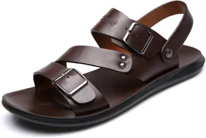Men's Leather Slip-On Flat Beach Slides Sandals with Adjustable Dual use Ankle Straps Slip-On Fisherman Sandals Lightweight Non Slip Open Toe Casual Sandals