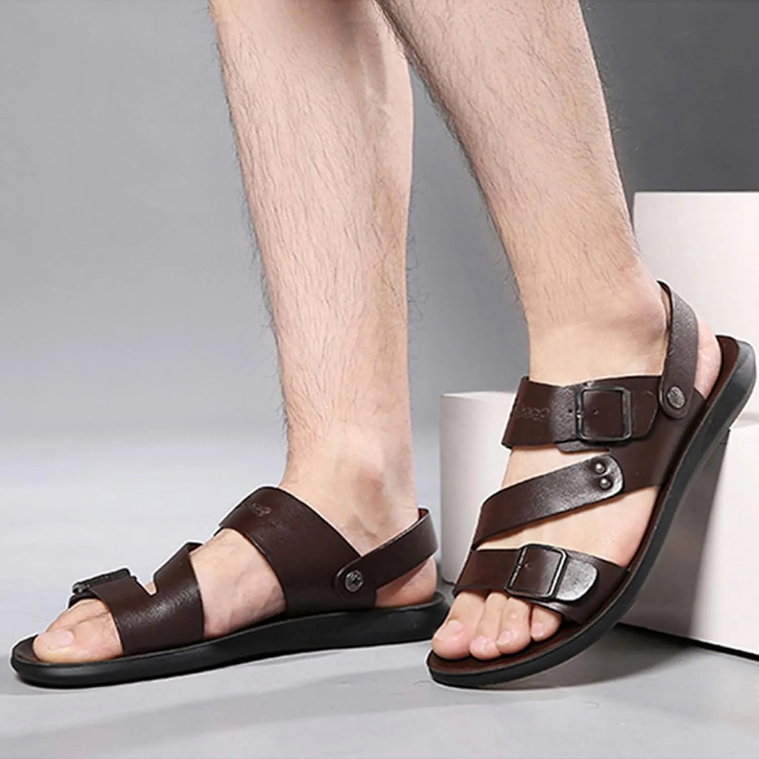 Men's Leather Slip-On Flat Beach Slides Sandals with Adjustable Dual use Ankle Straps Slip-On Fisherman Sandals Lightweight Non Slip Open Toe Casual Sandals