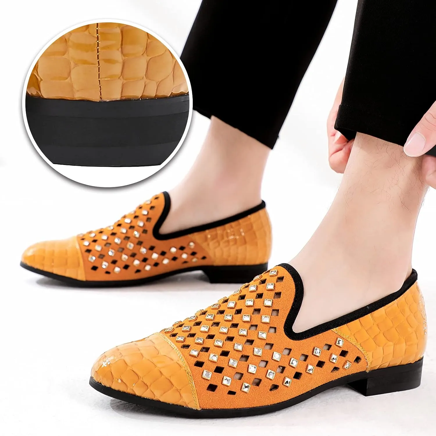 Mens Leopard Loafers Leather Embroidery Spiked Slip on Dress Shoes Slipper Luxury Fashion Penny Prom