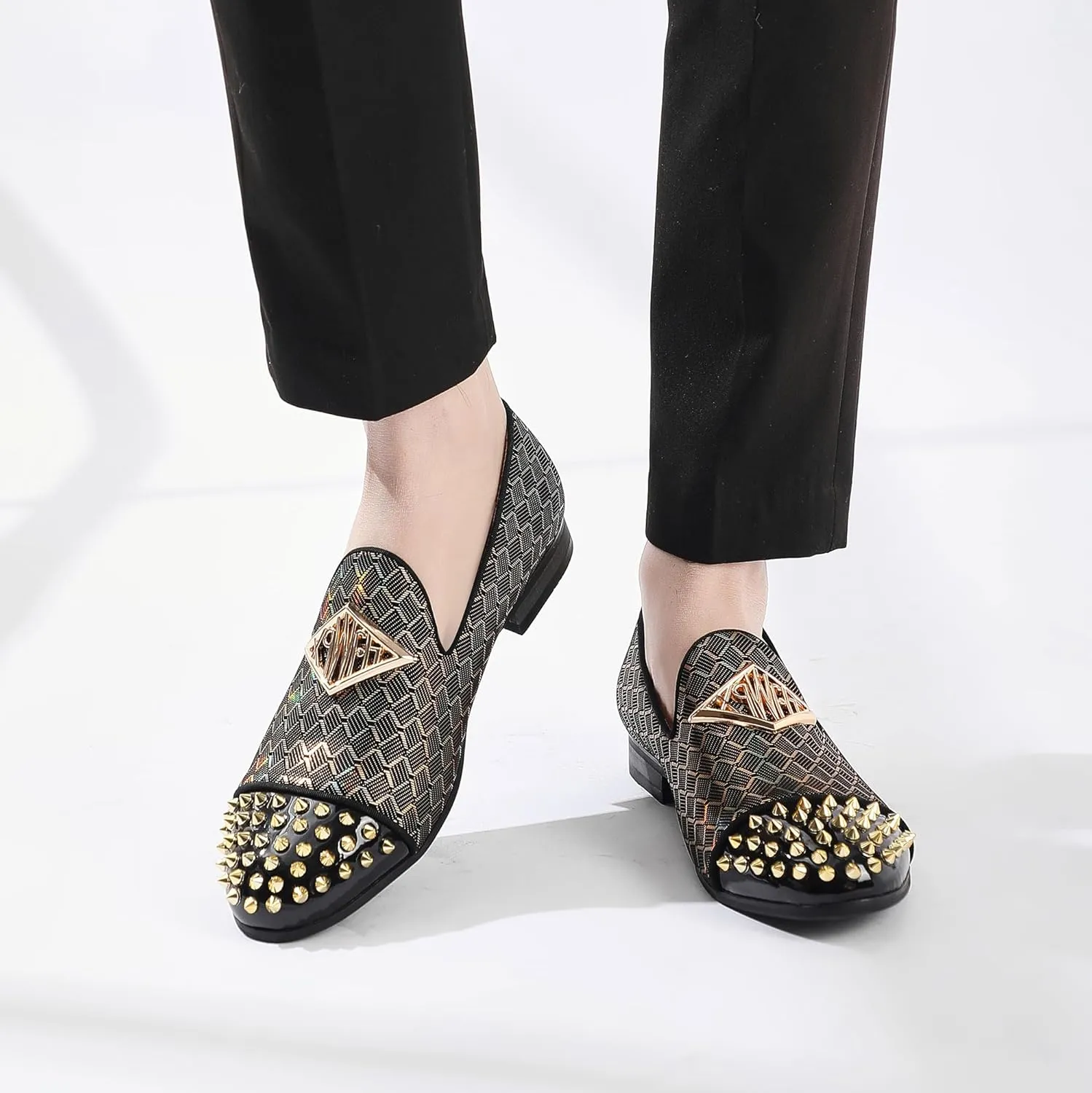 Mens Leopard Loafers Leather Embroidery Spiked Slip on Dress Shoes Slipper Luxury Fashion Penny Prom