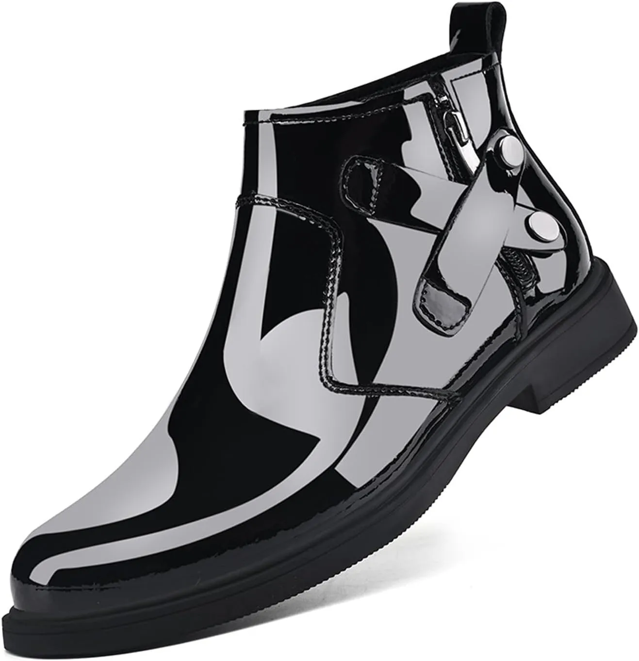 Men's Patent Leather Chunky Heel Chelsea Boots with Side Zipper Retro Round Head Square Texture Warm Plush Lining Business Formal Short Boots