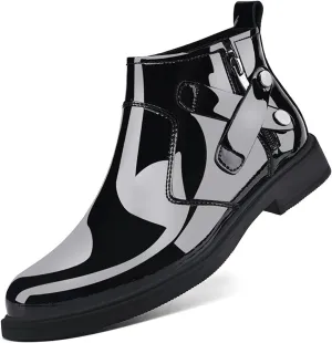 Men's Patent Leather Chunky Heel Chelsea Boots with Side Zipper Retro Round Head Square Texture Warm Plush Lining Business Formal Short Boots