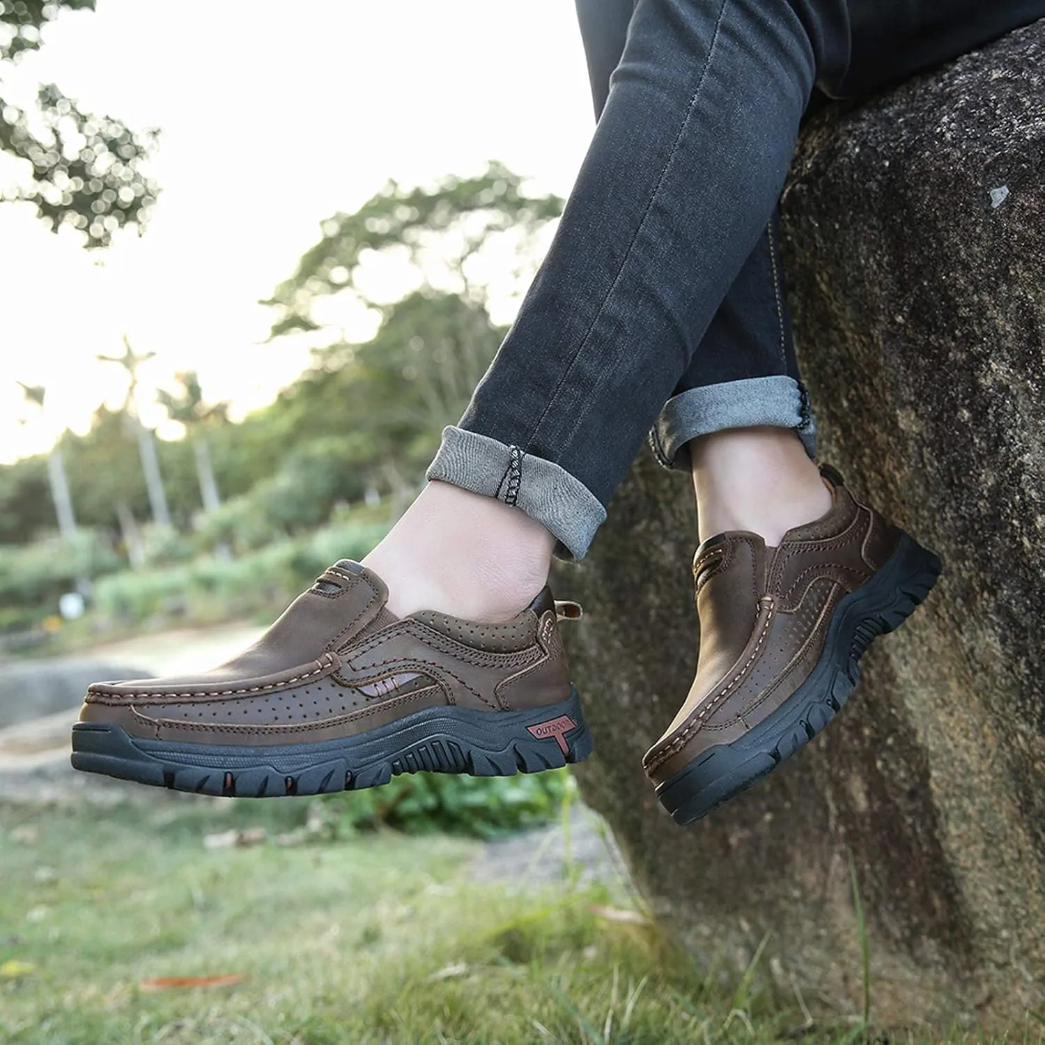 Mens Slip On Casual Shoes Leather Comfortable Walking Loafers