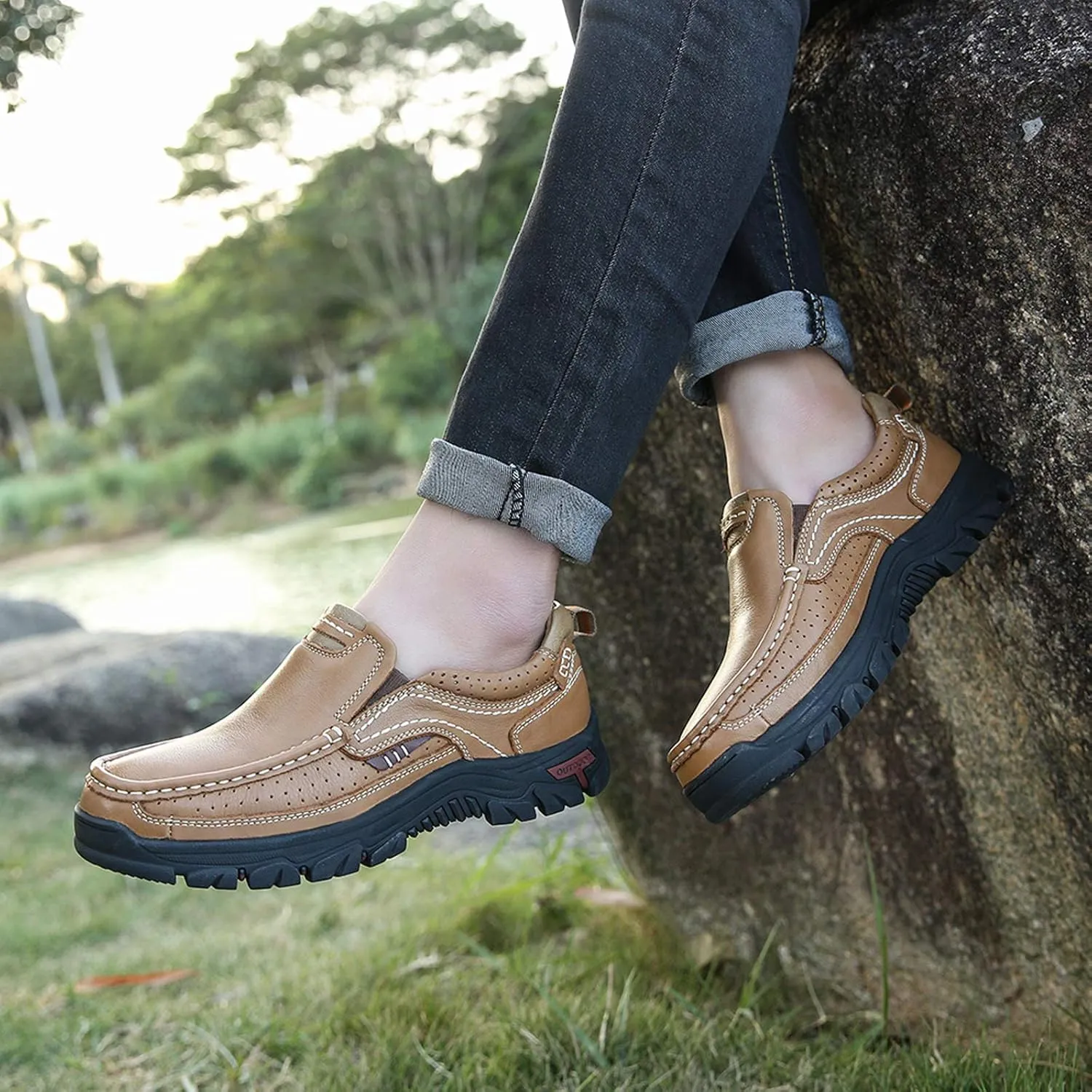 Mens Slip On Casual Shoes Leather Comfortable Walking Loafers