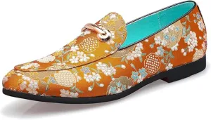 Men's Slip-On Smoking Slippers Embroidered Luxury Satin Casual Wedding Party Dress Shoes