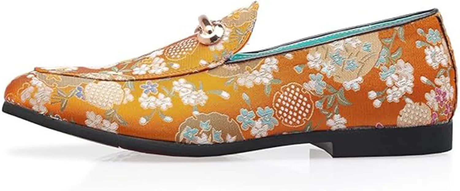 Men's Slip-On Smoking Slippers Embroidered Luxury Satin Casual Wedding Party Dress Shoes