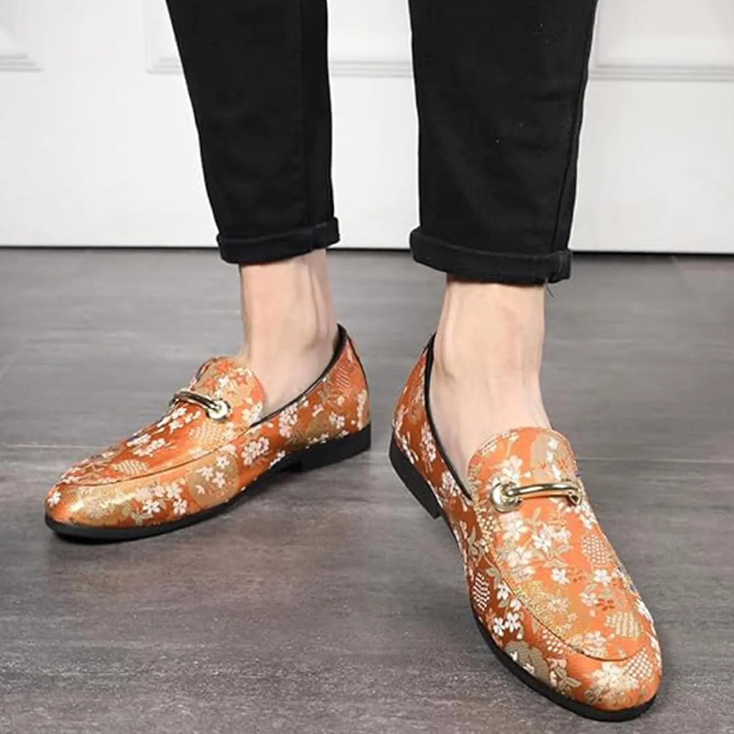 Men's Slip-On Smoking Slippers Embroidered Luxury Satin Casual Wedding Party Dress Shoes