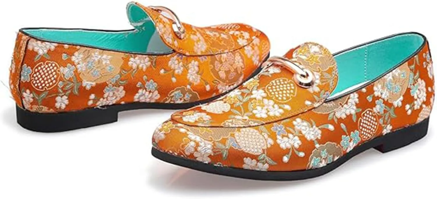Men's Slip-On Smoking Slippers Embroidered Luxury Satin Casual Wedding Party Dress Shoes