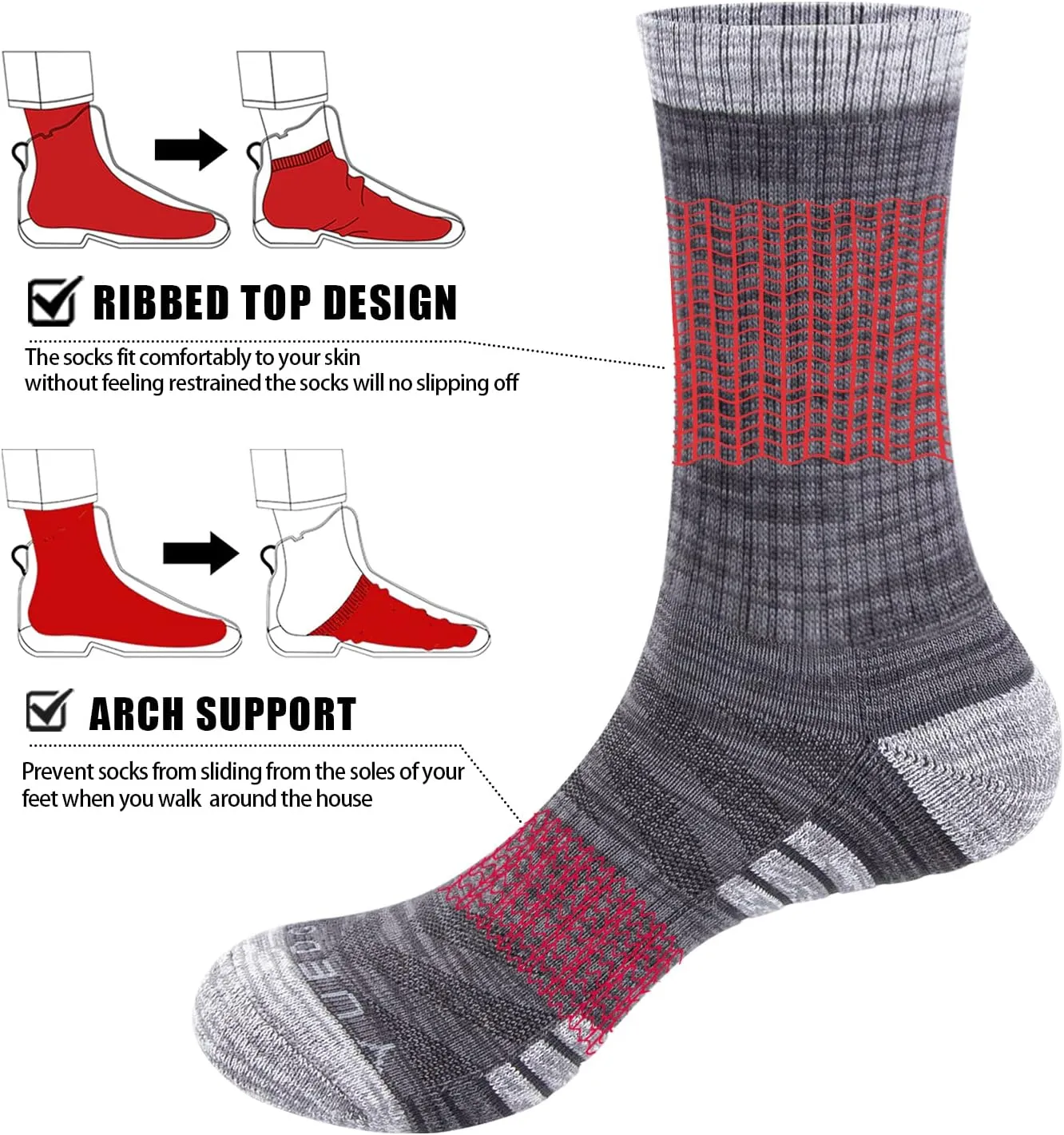 Mens Socks Sweat Wicking Anti Smell Cushioned Cotton Hiking Casual Everyday Work Casual Athletic Crew Socks For Men