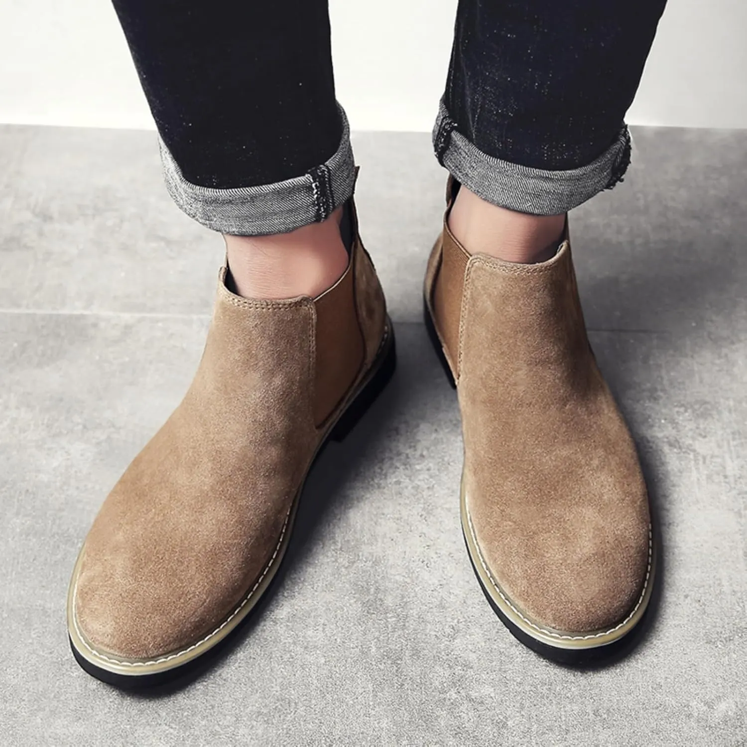 Mens Suede Leather Slip On Classic Chelsea Ankle Boots Retro Casual Low Heels Chukka Elastic Dress Boots for Walking Daily Driving